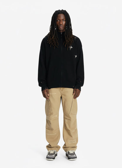 Distressed Ripped-Edge Turtleneck Diamond Star Zipper Knitted Sweater 