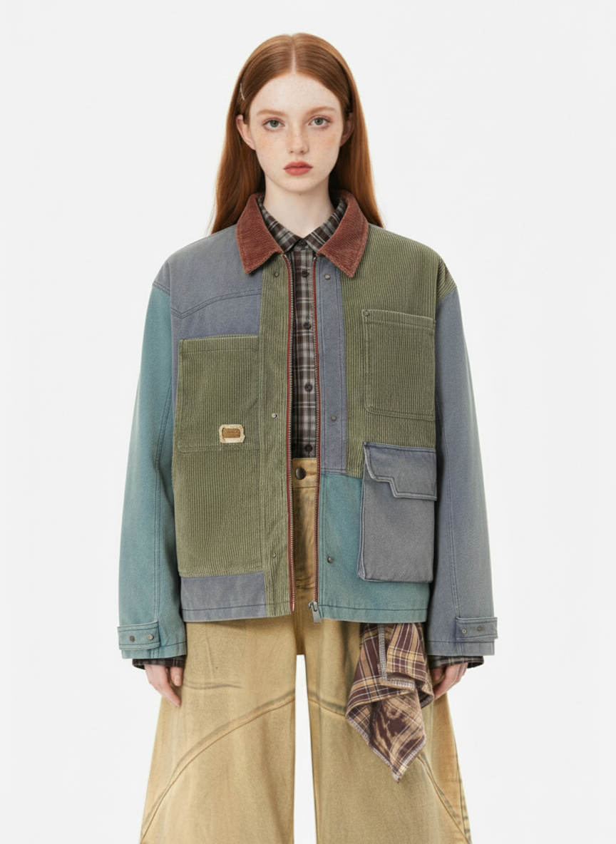 High Street Multi-Pocket Color-Block Patchwork Work Jacket