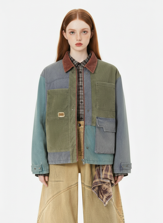 High Street Multi-Pocket Color-Block Patchwork Work Jacket