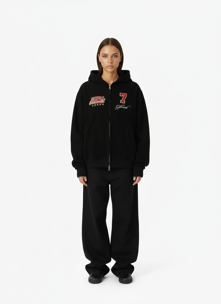 Suede Letter Embroidered Cropped Zip-Up Sweatshirt