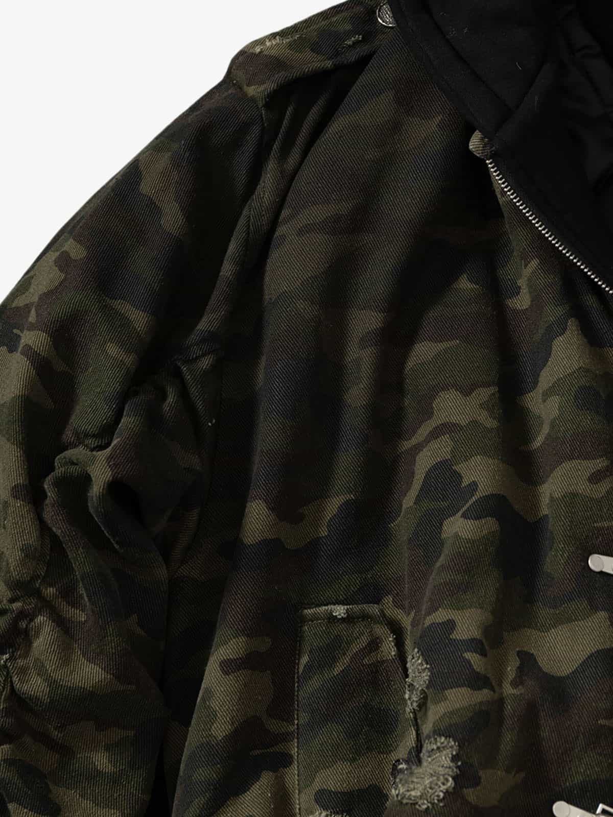 Camouflage Hooded Jacket with Distressed Details and Toggle Closure 
