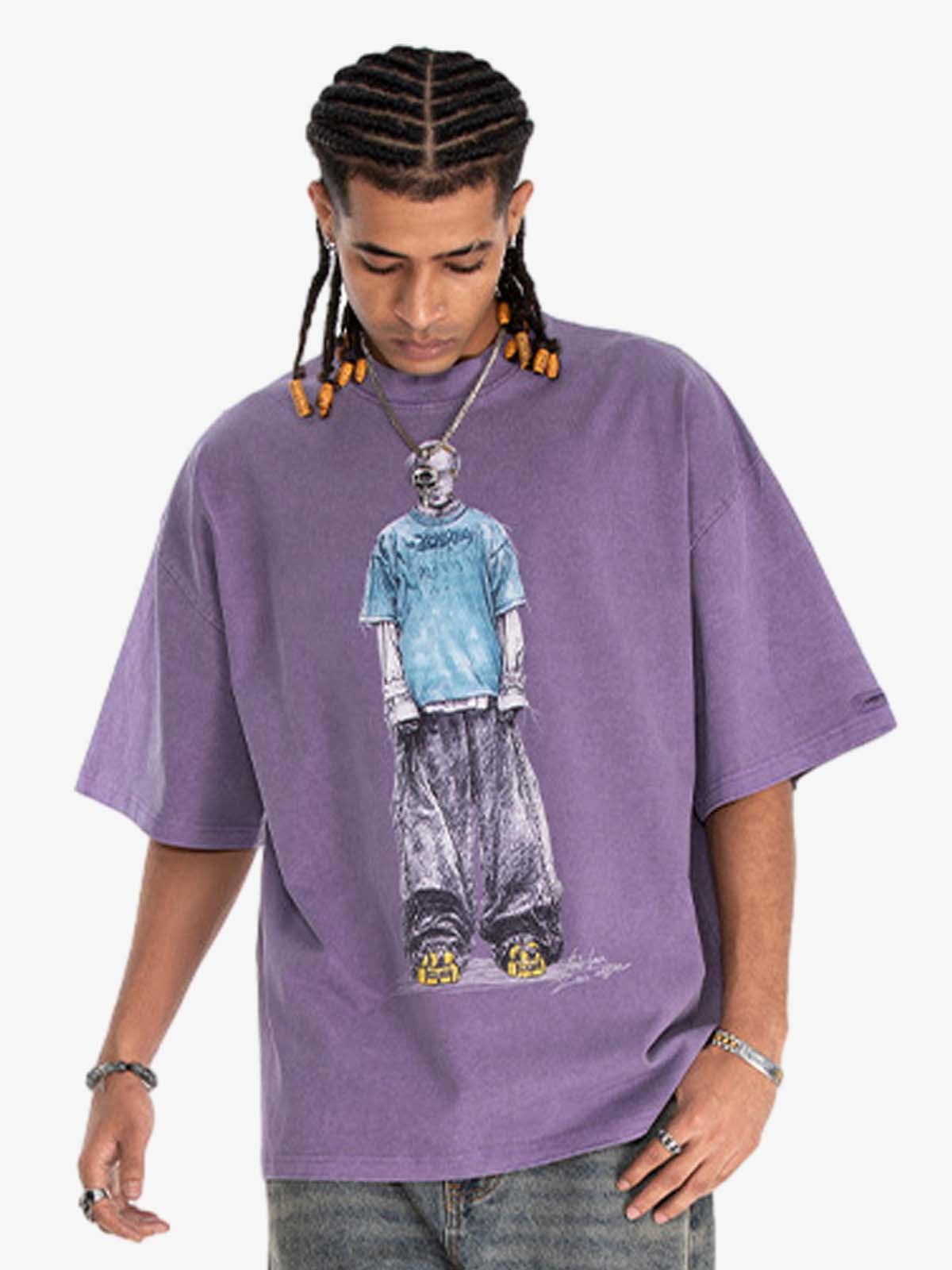 300G Jade Pattern Dyed Cotton Oversized T-Shirt with Skeleton Graphic Print Streetwear?