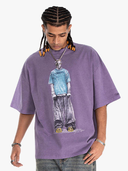 300G Jade Pattern Dyed Cotton Oversized T-Shirt with Skeleton Graphic Print Streetwear?