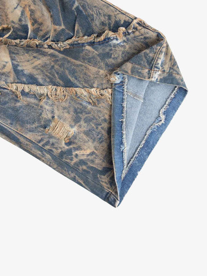 Double Waistband Acid Wash Patchwork Cargo Jeans