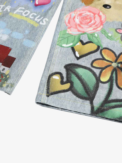 Denim Painted Animal Print Wide Leg Jeans with Cartoon Cat Dog Design?