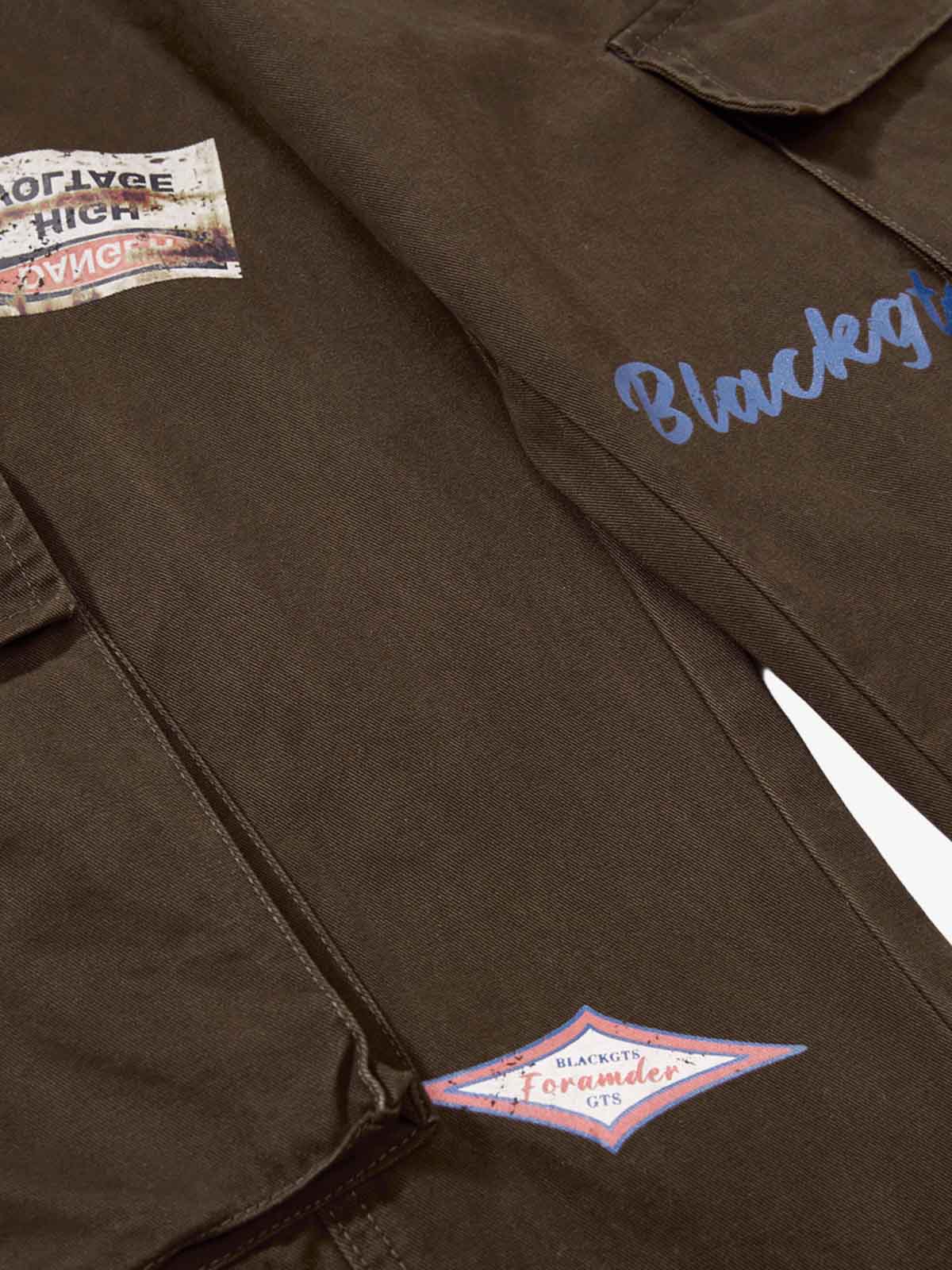 Retro Patchwork Graphic Multi-Pocket Flared Cargo Pants 