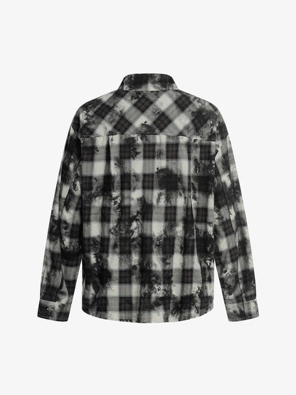 Washed Cotton Plaid Long Sleeve Shirt with Distressed Pattern and Chest Pocket 