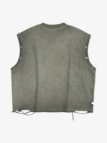Distressed streetwear style loose sleeveless vest, decorated with a soccer print pattern and distressed and washed details, with metal eyelet details. 