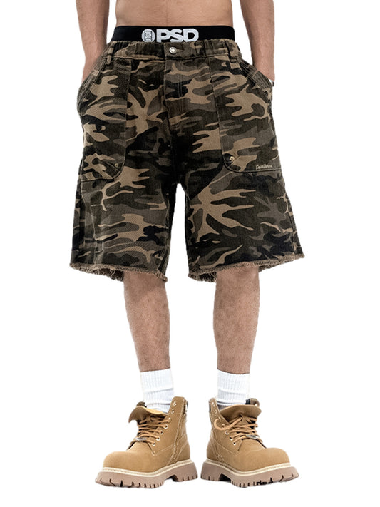 Camouflage Raw Edge Embroidered Cargo Shorts 