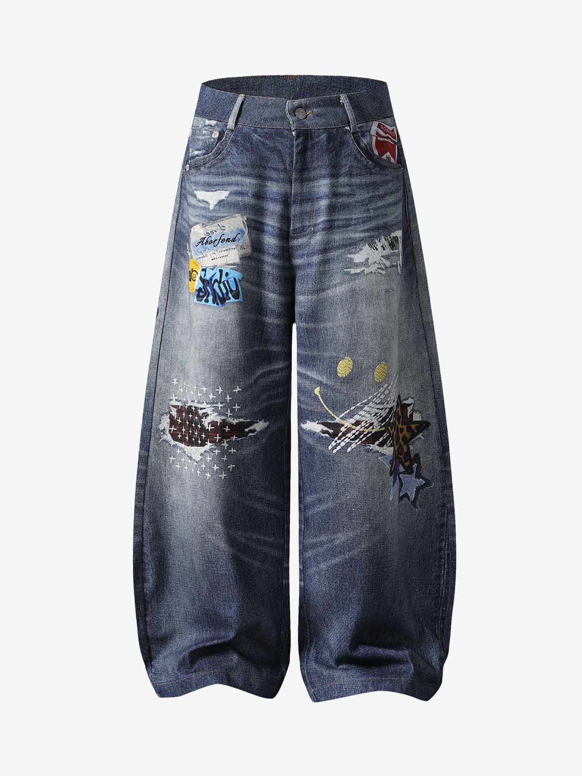 Denim Patchwork Wide Leg Jeans with Graphic Appliques and Distressed Details?