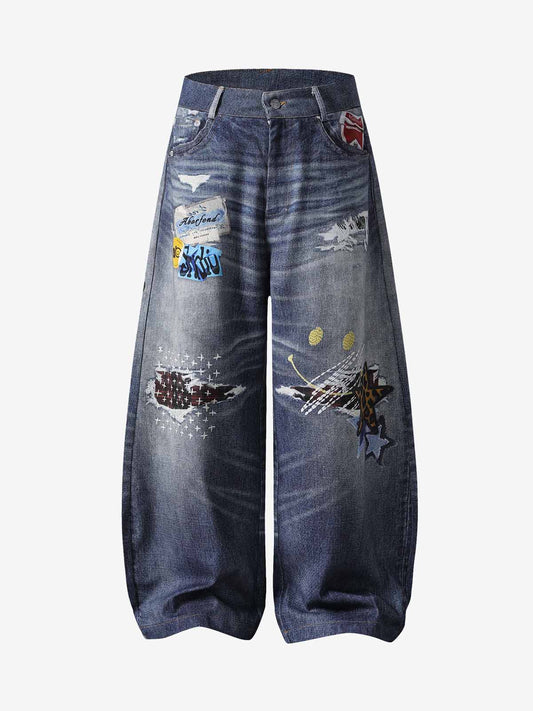 Denim Patchwork Wide Leg Jeans with Graphic Appliques and Distressed Details?
