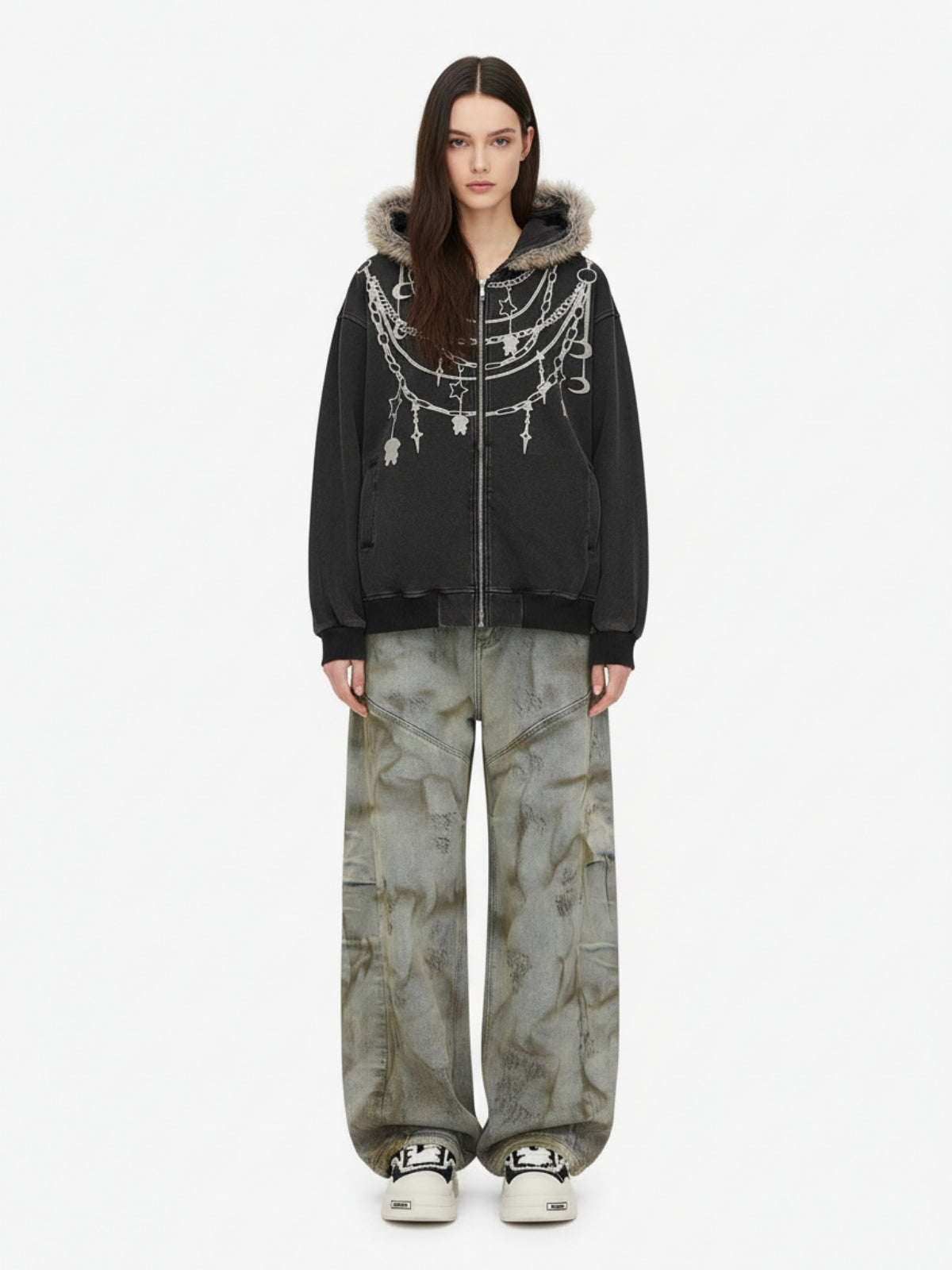 Retro Chain-Decorated Washed Fur Collar Hooded Jacket