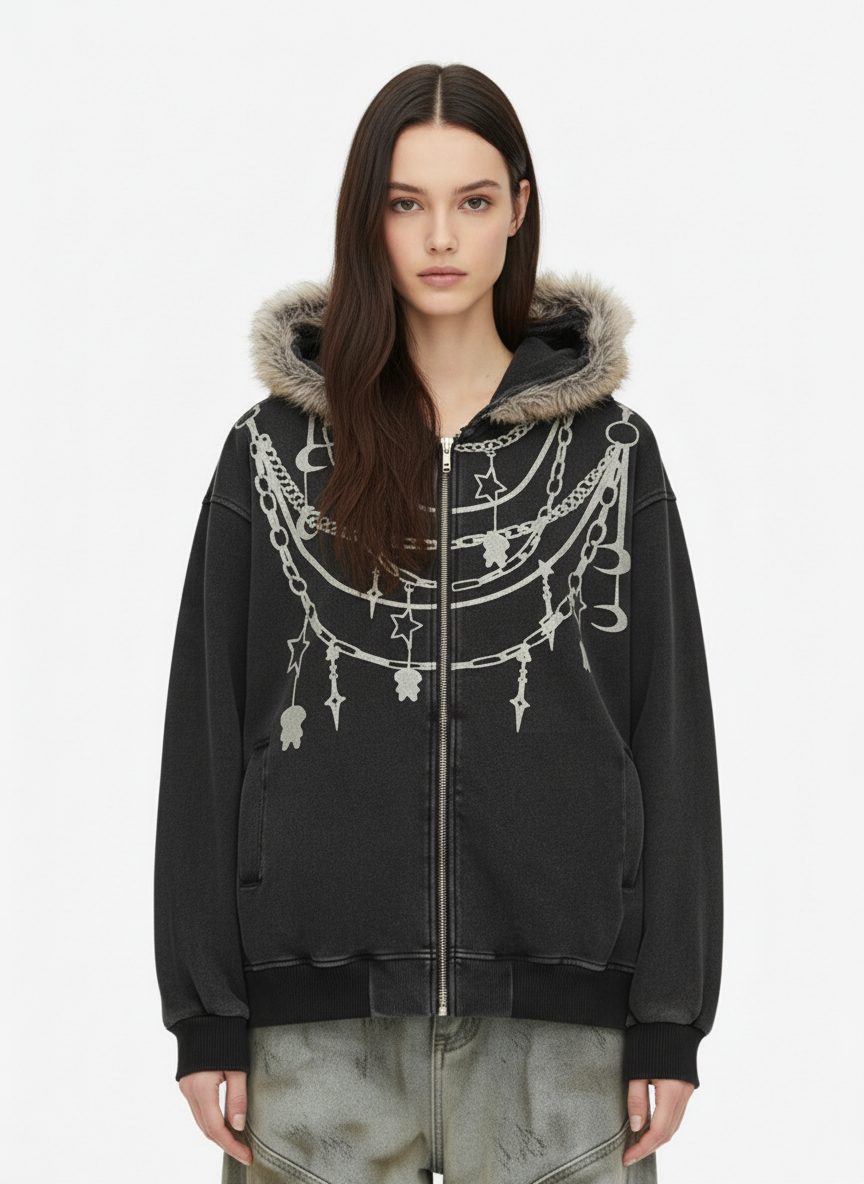 Retro Chain-Decorated Washed Fur Collar Hooded Jacket