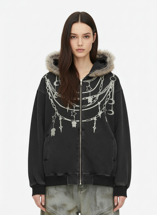 Retro Chain-Decorated Washed Fur Collar Hooded Jacket