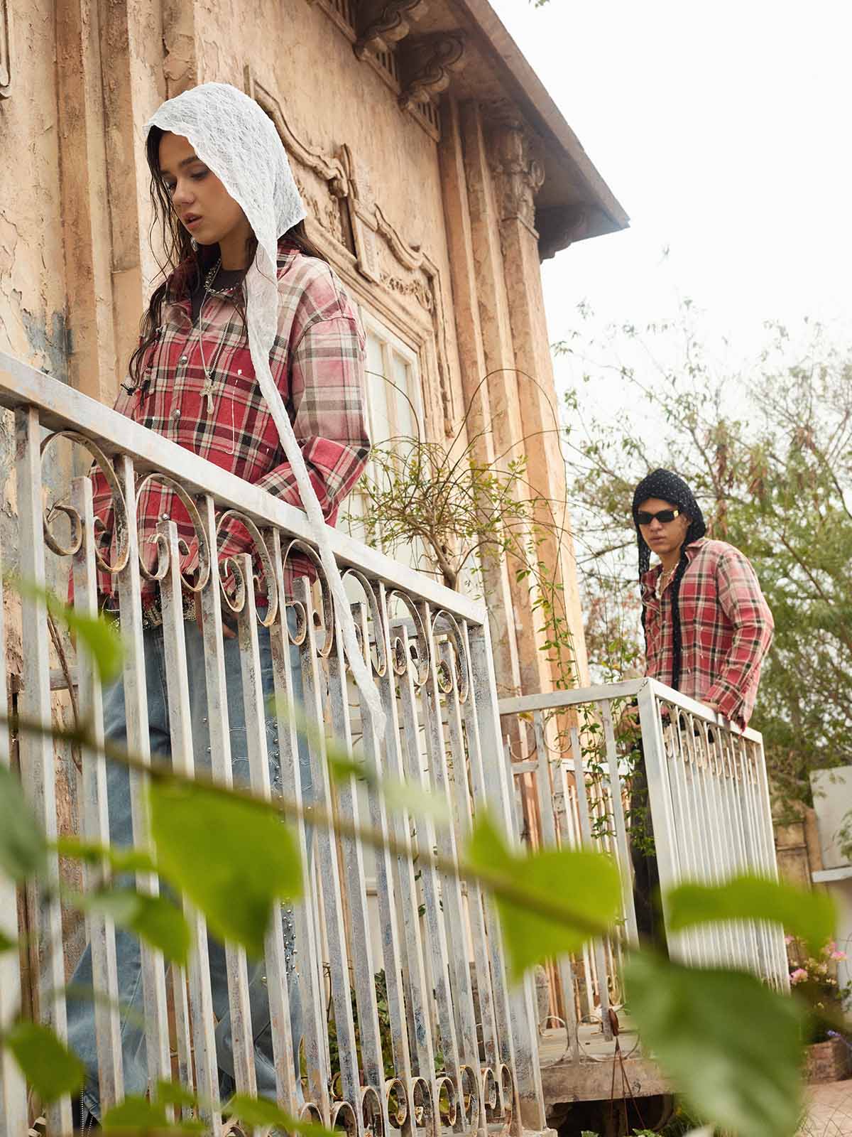 Cotton Plaid Shirt with Paint Splatter Design, Distressed Hem and Pockets, Casual Men's Long Sleeve Button-Up Jacket 