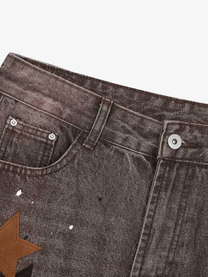 Retro Patchwork Washed Wide Leg Denim Jeans