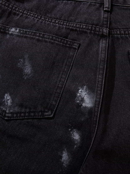 Retro Rhinestone Graffiti Washed Straight Jeans 