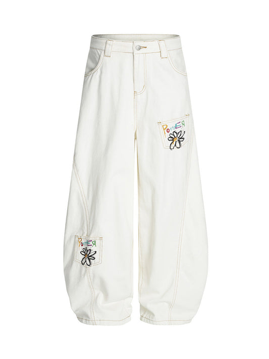 Embroidered Floral Patches Barrel Jeans 