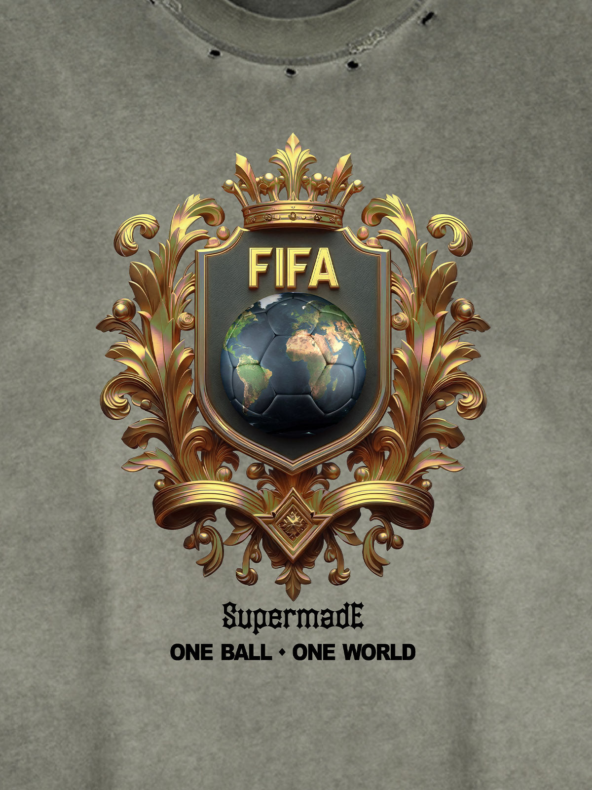 A distressed, street-style loose sleeveless vest adorned with FIFA gold-toned emblems and global prints, cut and washed 