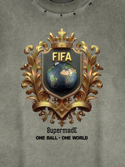 A distressed, street-style loose sleeveless vest adorned with FIFA gold-toned emblems and global prints, cut and washed 