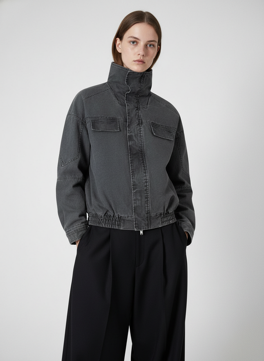 Vintage Washed Distressed Deconstructed High Collar Jacket