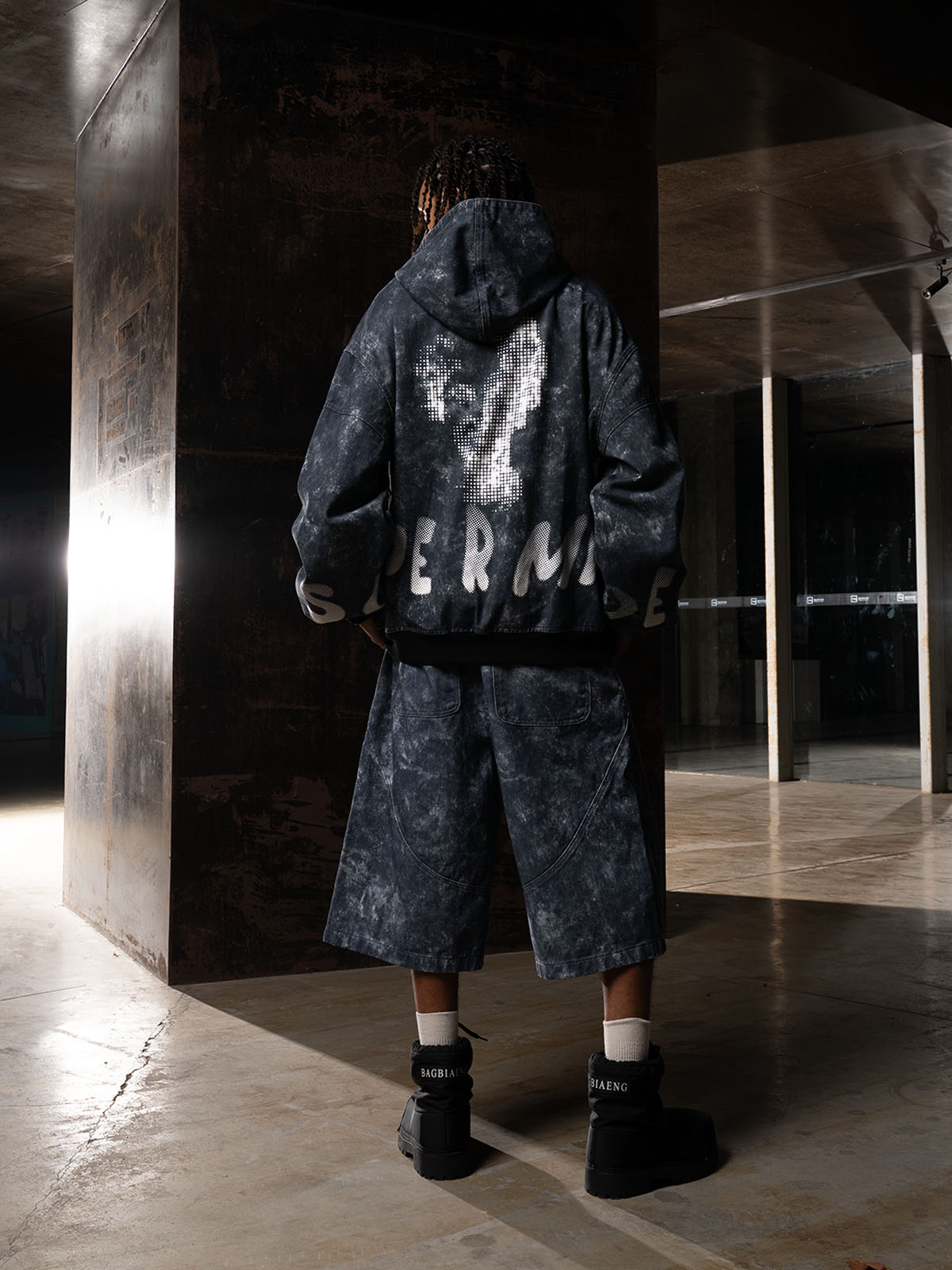 Oversized Denim Hoodie And Shorts Set For Urban Streetwear 