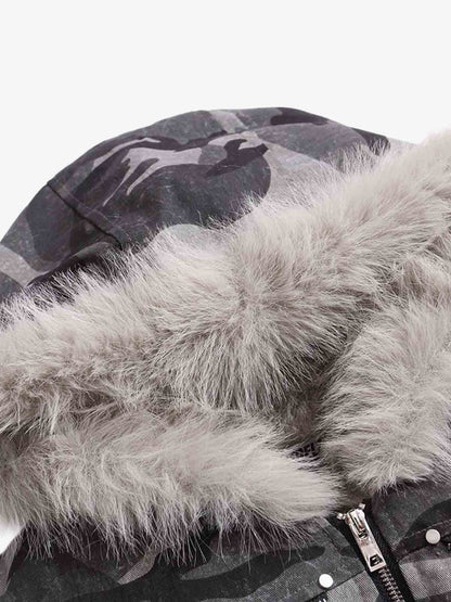 Vintage Camo Faux Fur Hood Padded Bomber Jacket 