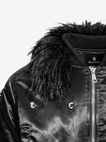 Detachable Faux Fur Collar Glossy Padded Bomber Jacket