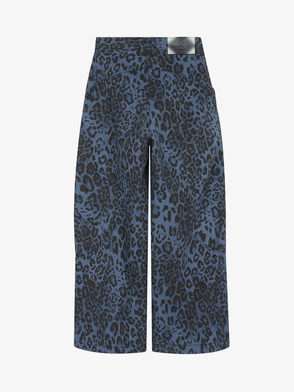 Retro Leopard Print Blue Washed Distressed Jeans 