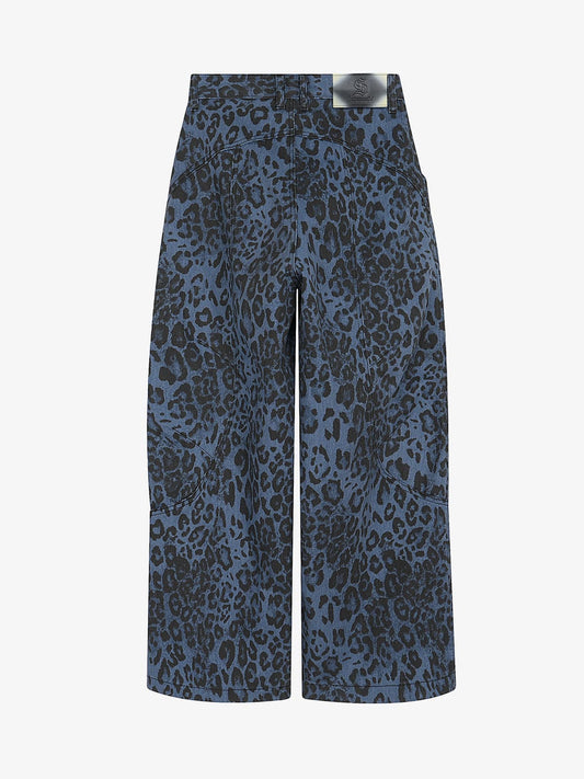 Retro Leopard Print Blue Washed Distressed Jeans 