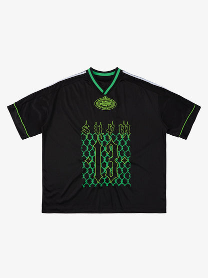 Supermade Color-Blocked V-Neck Embroidered Jersey Short-Sleeved?