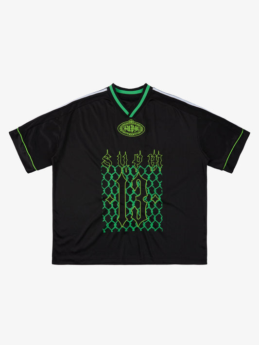 Supermade Color-Blocked V-Neck Embroidered Jersey Short-Sleeved?