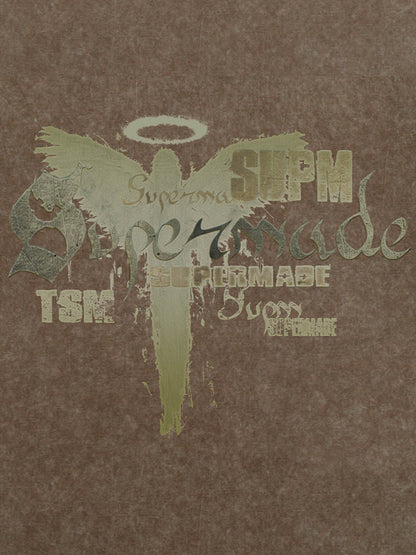 THE SUPERMADE Distressed Graphic Print Oversized T-Shirt with Bold Typography Design 