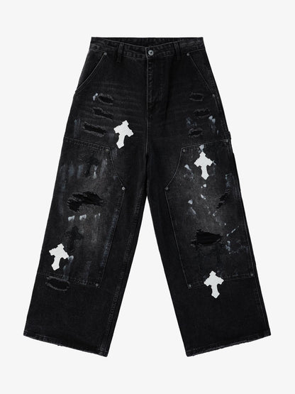 Supermade Retro Distressed Print Heavyweight Canvas Baggy Pants 