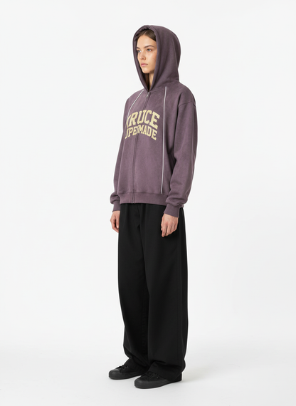 Retro Patchwork Hem Letter Print Suede Hooded Sweatshirt