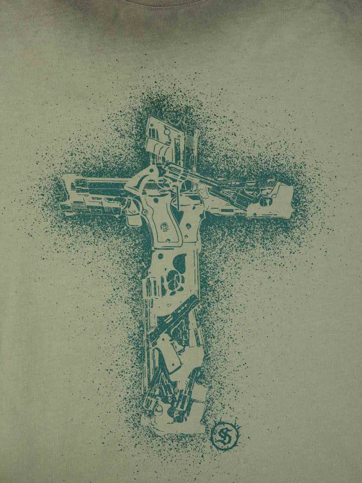 Supermade Distressed Rebellious Gun and Cross Print T-Shirt?