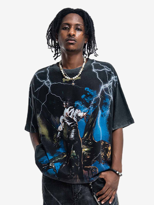 300G Jade Pattern Dyed Cotton T-Shirt with Lightning Graphic Print Oversized Streetwear Tee?
