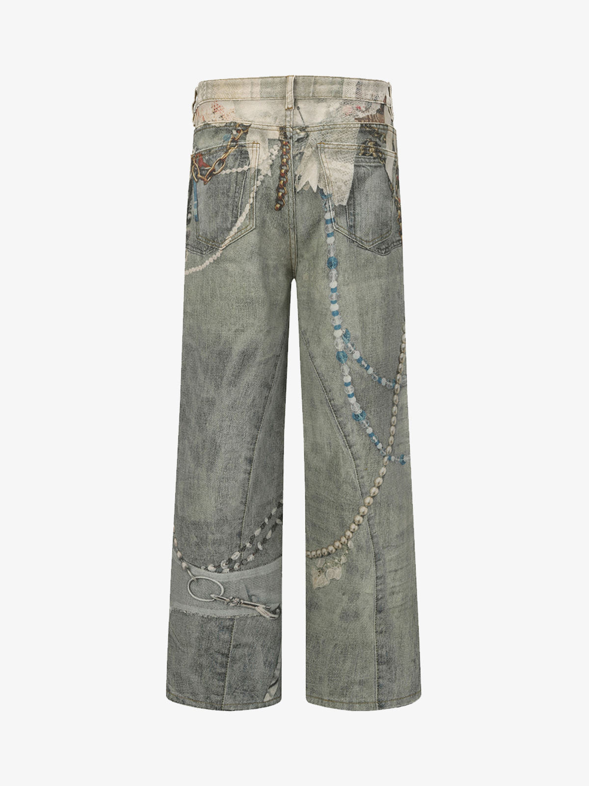 Retro Artistic Beaded Collage Print Straight Jeans