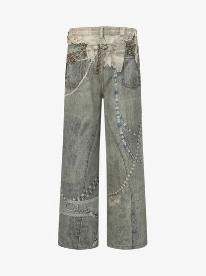 Retro Artistic Beaded Collage Print Straight Jeans