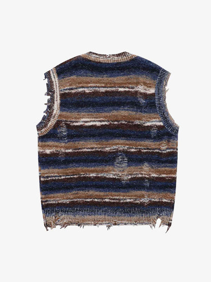 Frayed Edge Striped V Neck Knit Vest