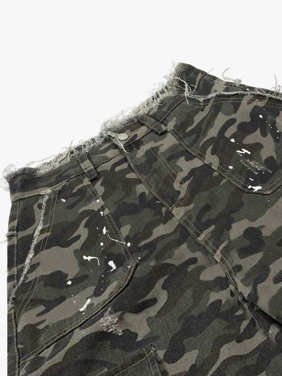 Distressed Camouflage Denim Cargo Shorts with Ripped Details and Embroidered Logo?