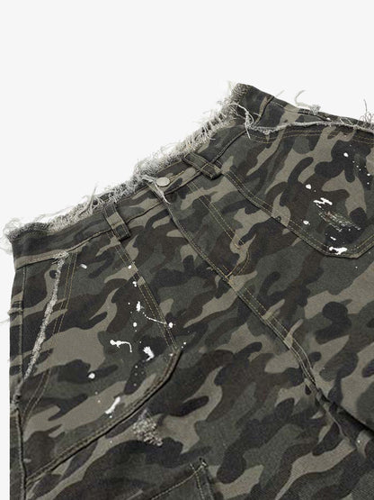 Distressed Camouflage Denim Cargo Shorts with Ripped Details and Embroidered Logo?