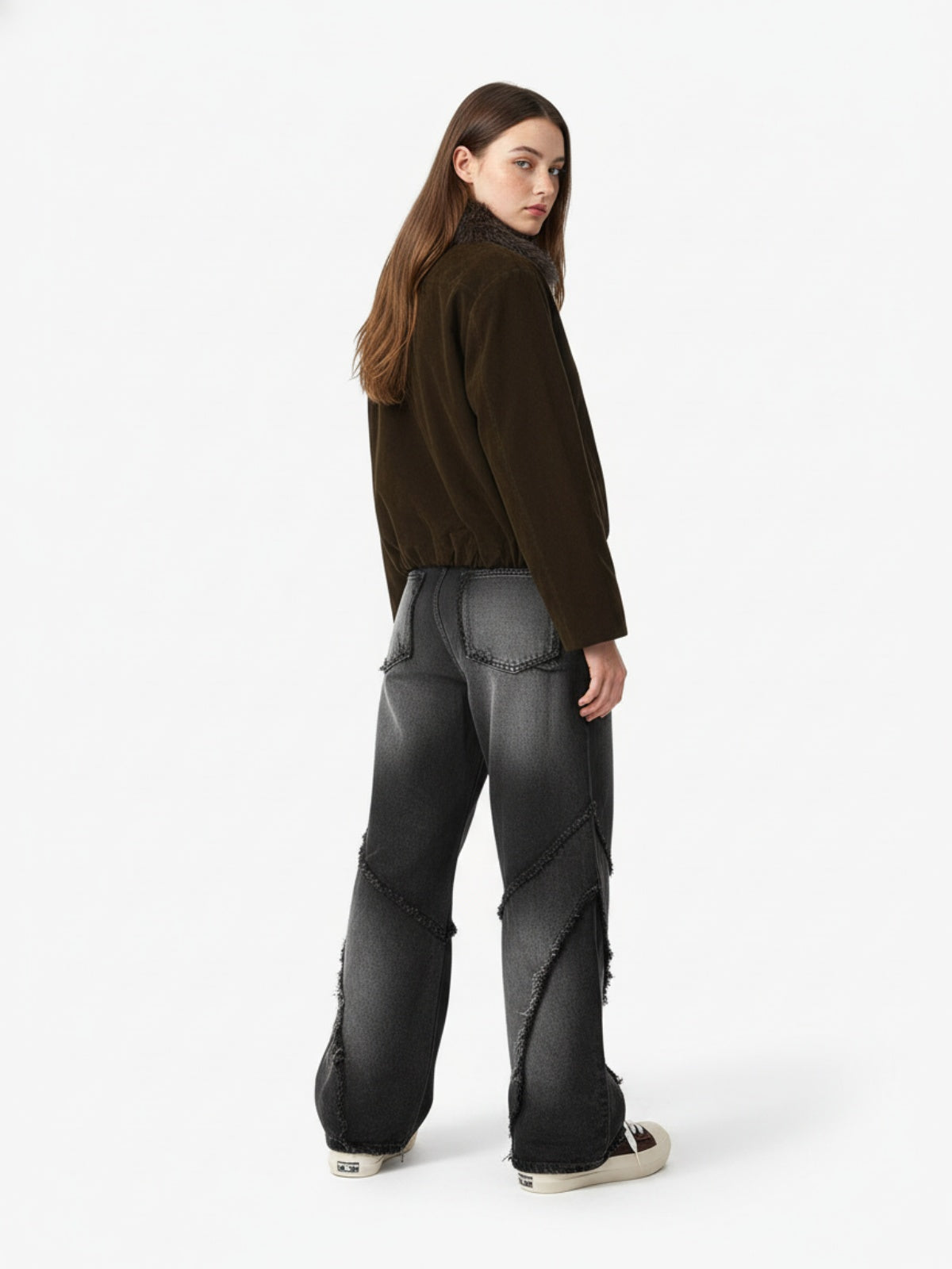 Washed Distressed Raw Edge Barrel Jeans - 2402