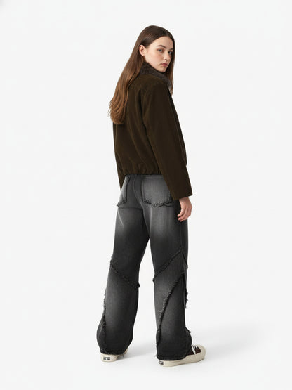 Washed Distressed Raw Edge Barrel Jeans - 2402