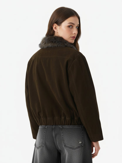 Vintage Drawstring Design Fur Collar Padded Jacket