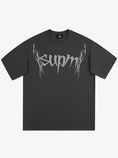 THE SUPERMADE Futuristic spiked pattern gothic style logo font design T-shirts 