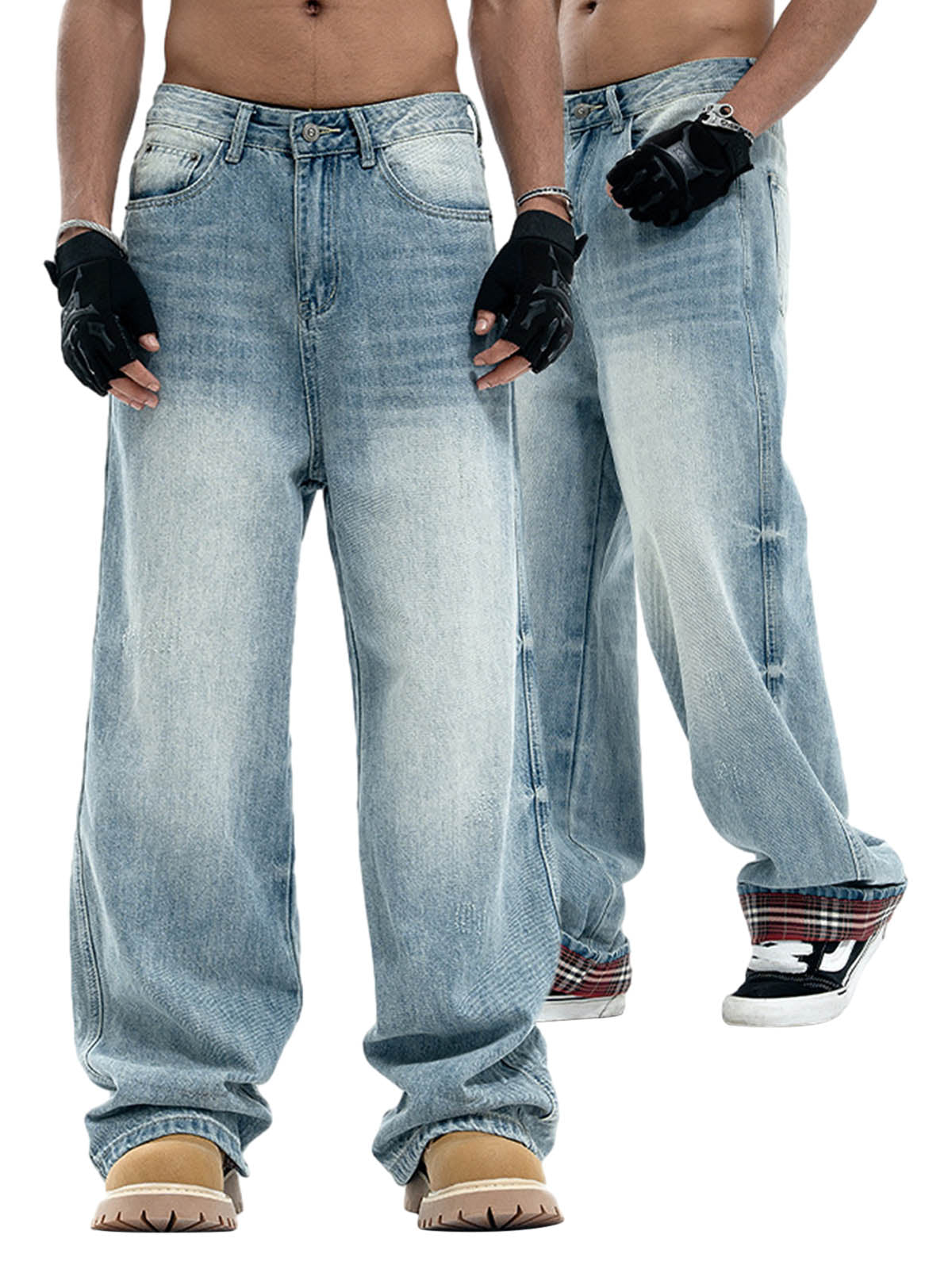 Vintage Washed Plaid Baggy Jeans 