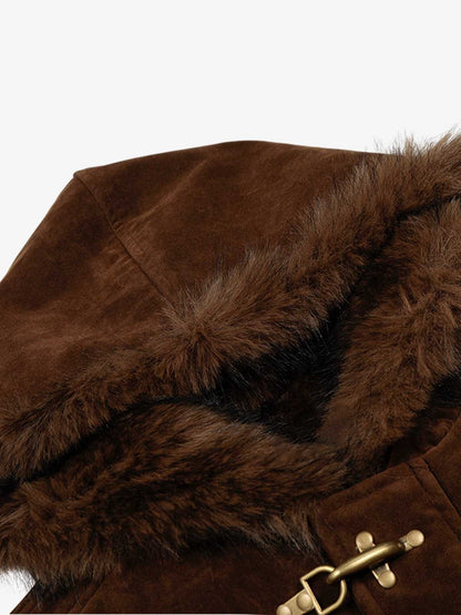 Fur Collar Suede Toggle Closure Padded Bomber Jacket