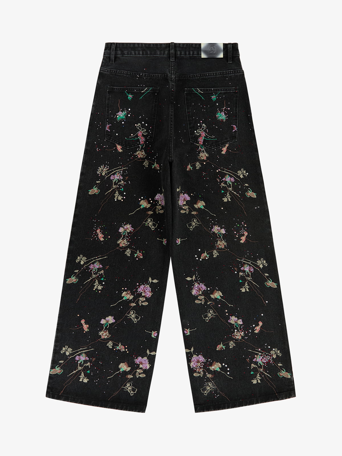 Vintage Floral Embroidery Rhinestone Straight Jeans 
