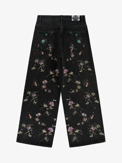 Vintage Floral Embroidery Rhinestone Straight Jeans 
